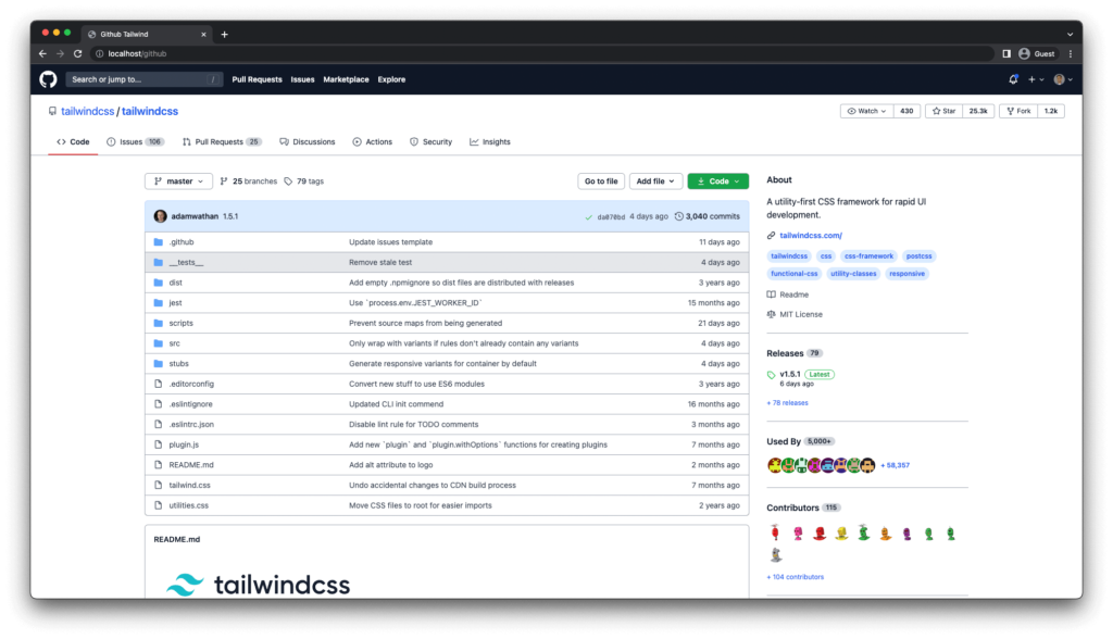 tailwind github homepage developed by Jorge Mera Sr. Web Developer